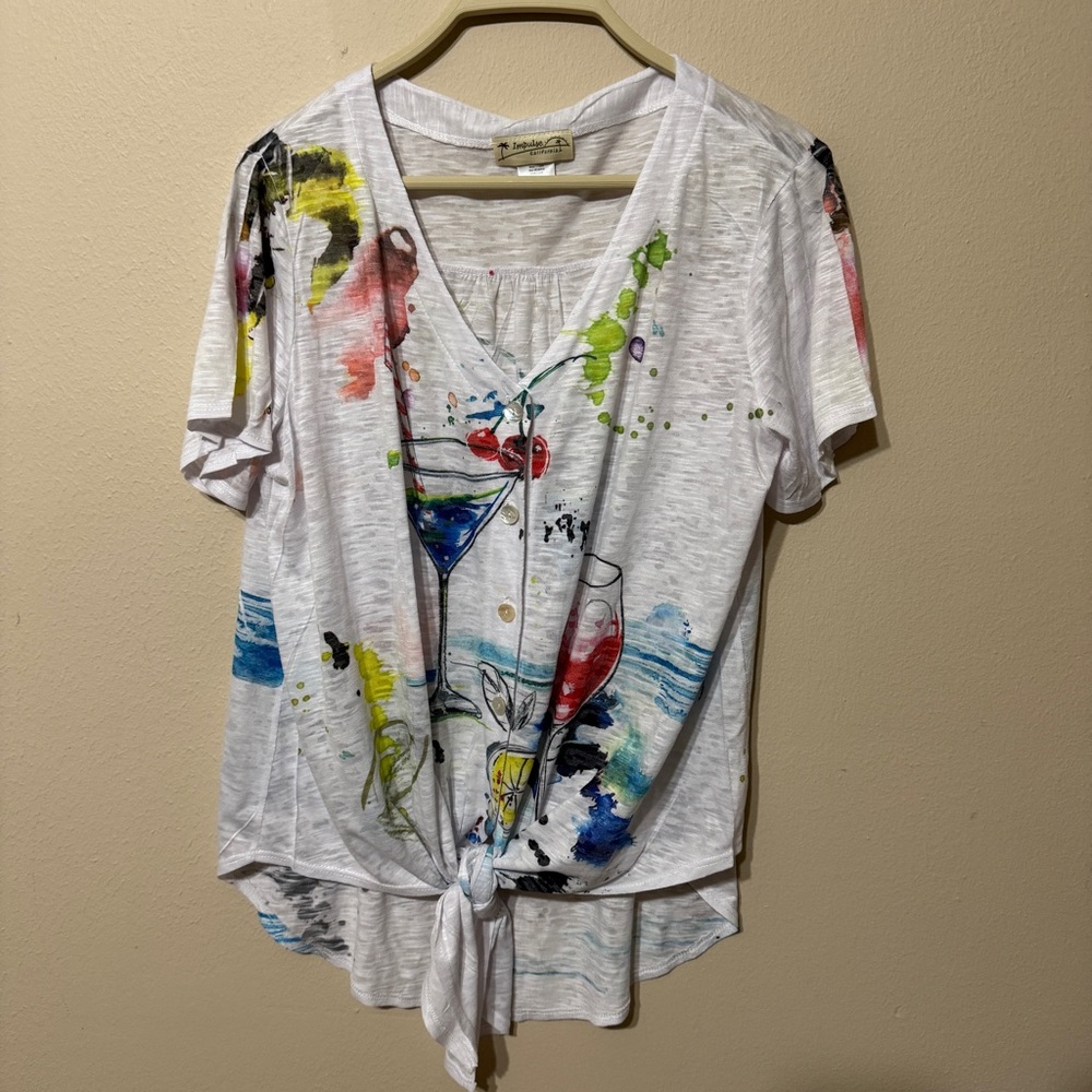 Impulse California Womens Size M Short Sleeve Top Gray and White Tie Fro…